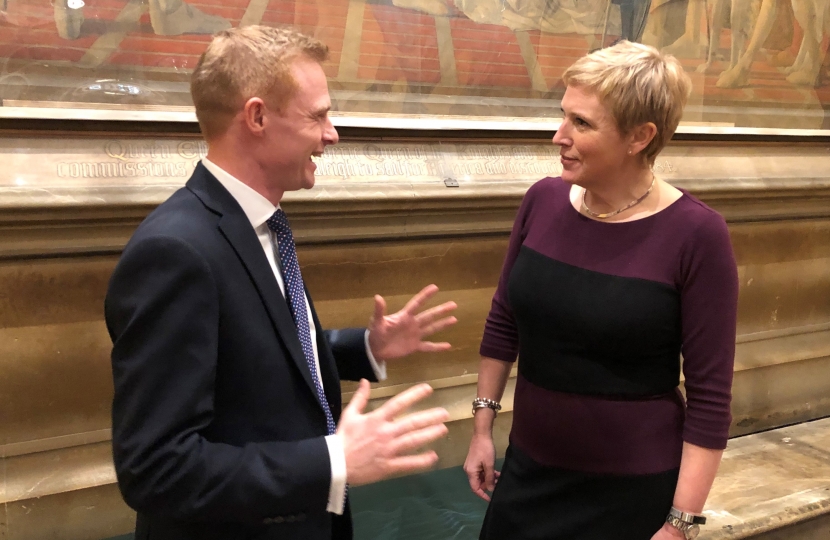 Robbie Moore MP discussing funding options with Roads Minister Baroness Vere of Norbiton.